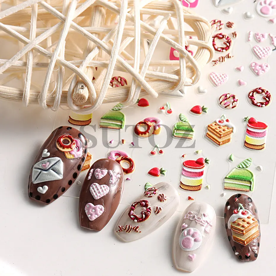 5D stereoscopico Dessert Nail Art Pink Donuts Cake Candy Ice Cream Chocolate Nail Stickers Kawali Cartoon Decoration LEJI-5D50