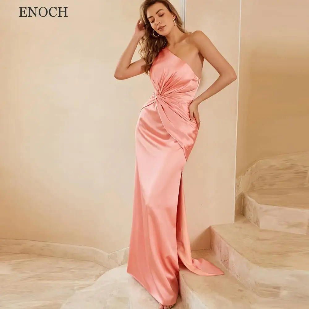 

ENOCH Modern One Shoulder Bridesmaid Dresses Side Slit Satin Pleated Party Dresses Sleeveless Vestidos De Fiesta High Quality