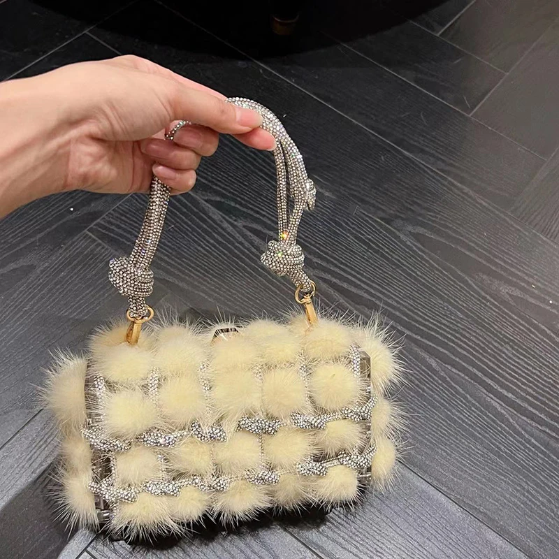 Winter Plush Bags Hand Woven Shining Bright Lunch Bag Rhinestone Square Box Female Makeup Cute Fur Women's Handbags