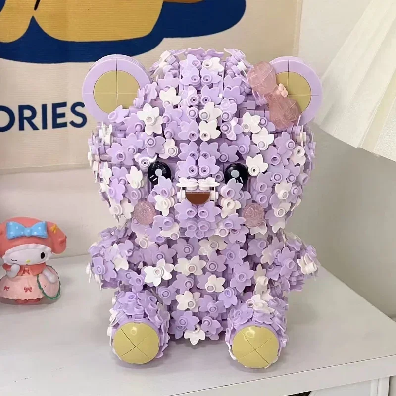 漫画の花とクマの人形のビルディングブロック,パズルの組み立て,マイクロ粒子,創造的なおもちゃ,デスクトップアクセサリー,誕生日プレゼント,新しい,2024