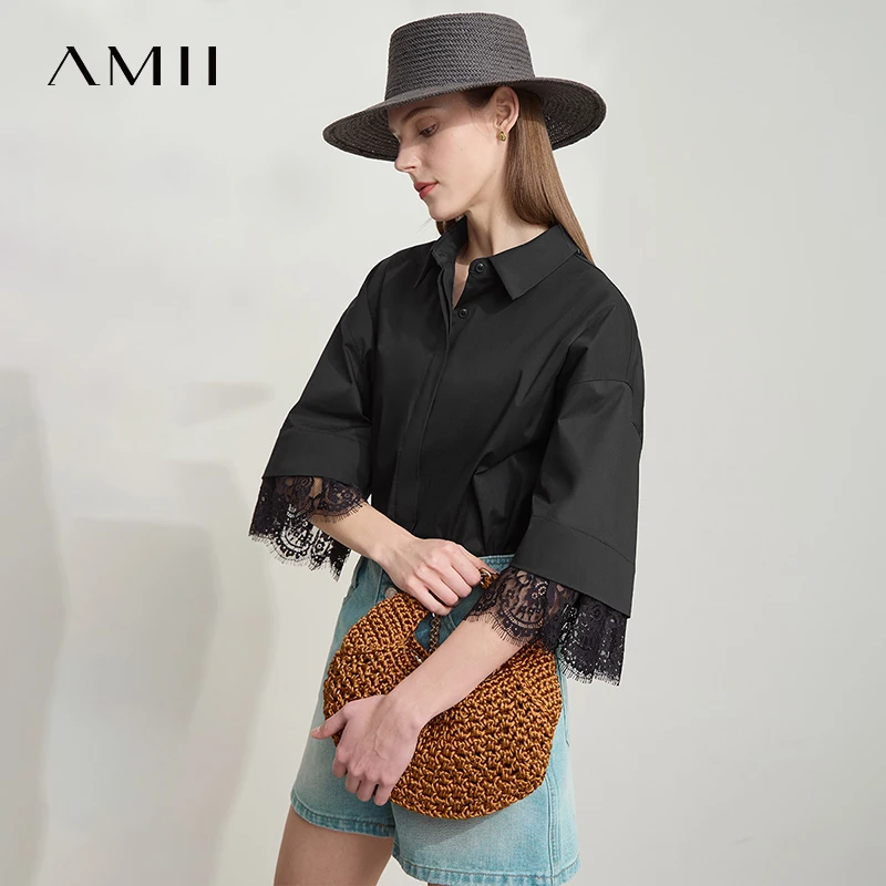 Amii Minimalist Cotton  Shirts for Women 2025 Summer New Solid Lapel Shoulder Half-sleeve Lace Splicing Loose Tops 12542096