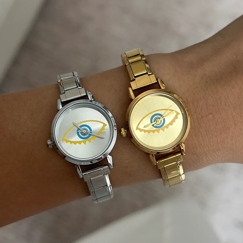 Wholesale Women Devil Eyes Casual Watches Fashion Colorful Round Dial Stainless Steel Strap Watch For Womens ClockWithout Box