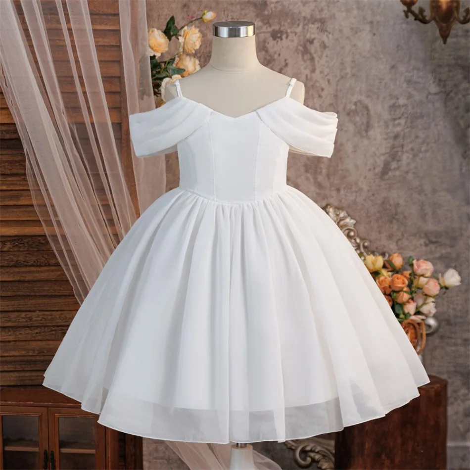 Girls White Off-Shoulder Satin Ball Gown Pleated Shoulder Bodice Fitted Waist Full Puffy Skirt Kids Birthday Party Costume ASQ03