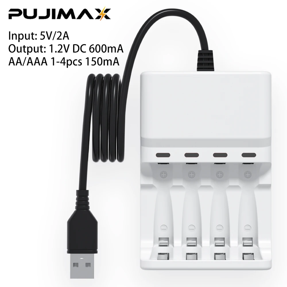 PUJIMAX AA AAA Battery Fast Charger USB Cable 4 Slot LED Display Smart Battery Charger for 1.2V Ni-HM/Ni-Cd Rechargeable Battery