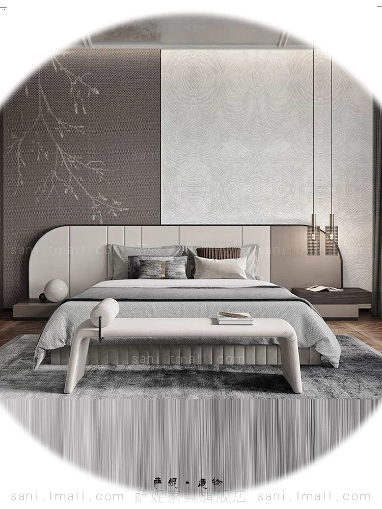 Fabric double bed, master bedroom cloth soft bed, double bed in contrasting color premium gray model room image 5