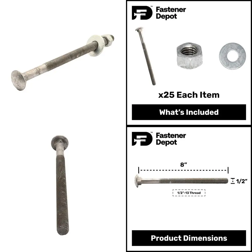 

Комплект оцинкованных каретных болтов с горячим оцинкованным покрытием — 1/2 x 8 дюймов, 25 шт. в упаковке с плоскими шайбами и шестигранными гайками для наружных применений