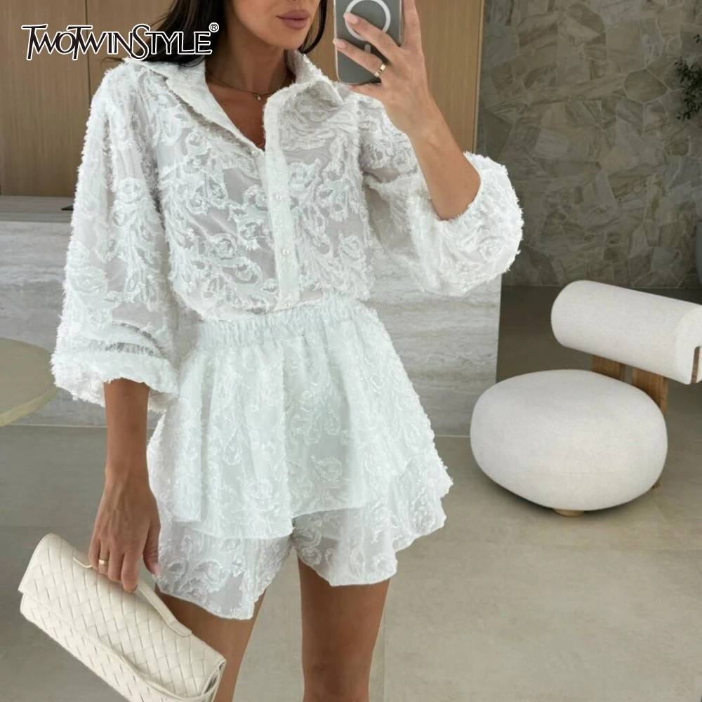 

TWOTWINSTYLE Lace Hollow Casual Two Piece Set for Women Lapel Long Sleeve Shirt High Waist Tiered Mini Skirt Suit Female Clothes