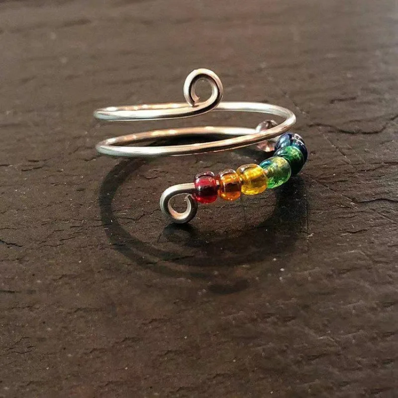 Rotating Fidget Spinner Ring for Anxiety Stress Relief Open Adjustable Rings Rainbow Beads Calming Dainty Jewelry