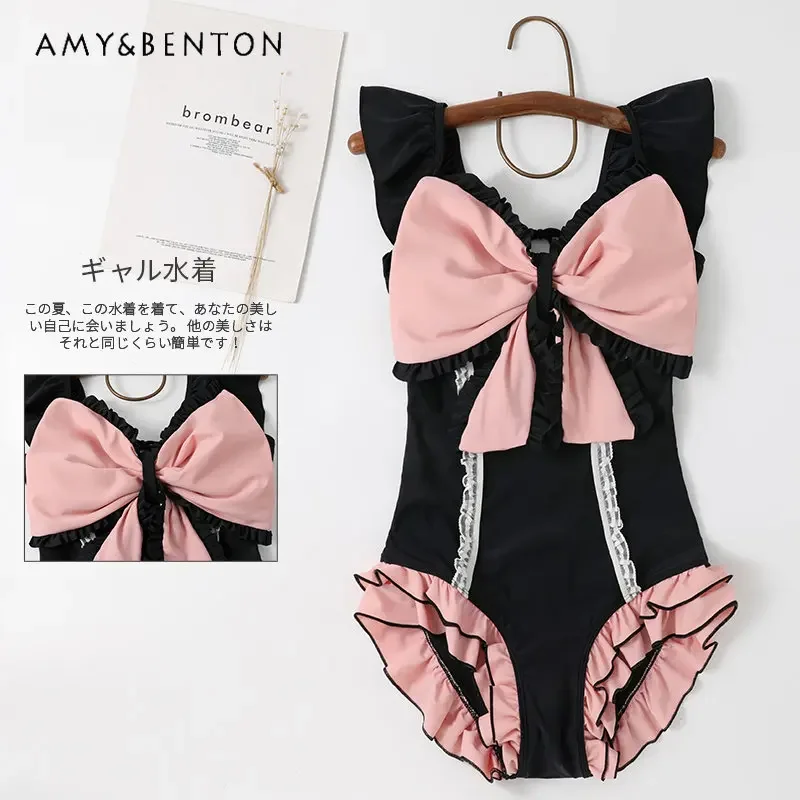 Lolita Japanese Style Swimwear for Women Sweet Cool Girl One-Piece Swimsuit Lovely Pink Bow Sexy Patchwork Swimming Suit Female