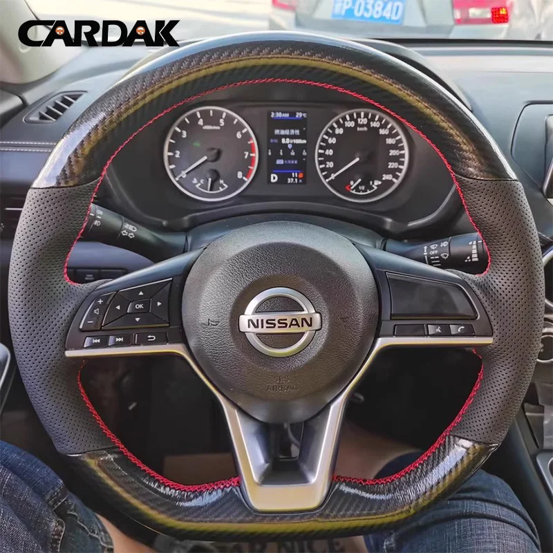 Full Black Carbon Leather Car Steering Wheel Cover for Nissan Kicks Rogue Sentra Altima SR Qashqai X-Trail Leaf Micra 2019-2025