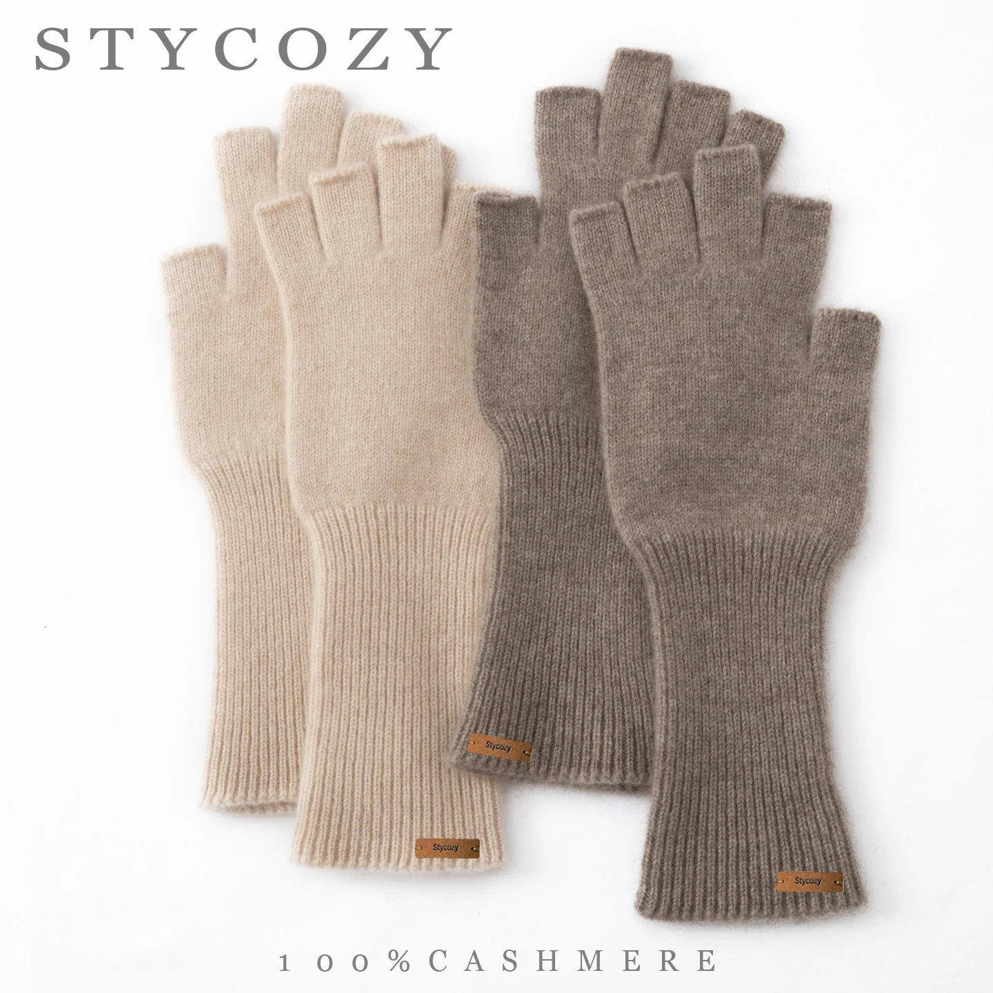 100% Cashmere Ribbed Knit Fingerless Gloves Women Cuff Wrist Length Winter Warm Stretch Knitted Half Finger Gloves Daily Wear