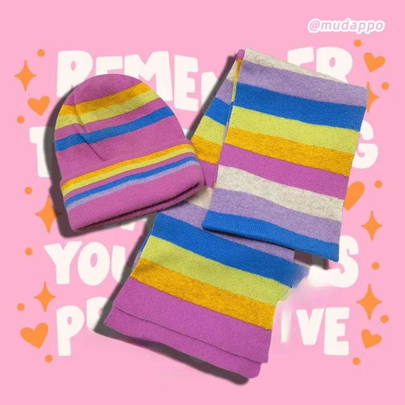 Warm Wool Rainbow Color Block Y2K Millennium Girl Soft Knitted Hat Scarf Two-Piece Set Limited Edition of 43 Sets