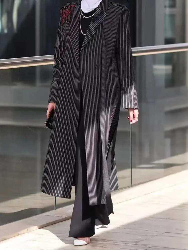 BJTZ Women's Temperament Striped Patchwork Irregular Ribbon Handmade Flower Long Blazer Jacket Windbreaker 2025 Spring New