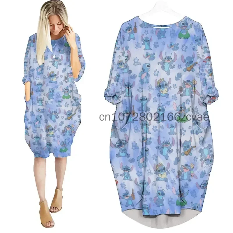 2024 New Eeyore Women\'s Batwing Pocket Dress 3D Printed Disney Stitch Oversize Fashion Street Dress Long Sleeve Sleeping Dress