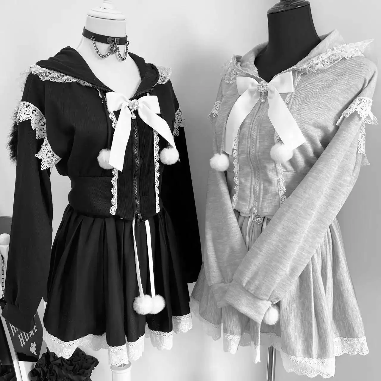 

Y2k Subculture, женские топы в стиле ретро с кружевным бантом, элегантное пальто на молнии с длинными рукавами, мини-юбка, два комплекта, осенняя спортивная одежда 2025, новинка на талии