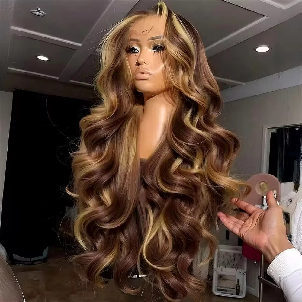32 34 Inch Honey Blonde Ombre Lace Front Wig Human Hair 250 Density 13x4 HD Lace Front Wig 4/27 Highlight Ombre Body Wave Lace Frontal Glueless
