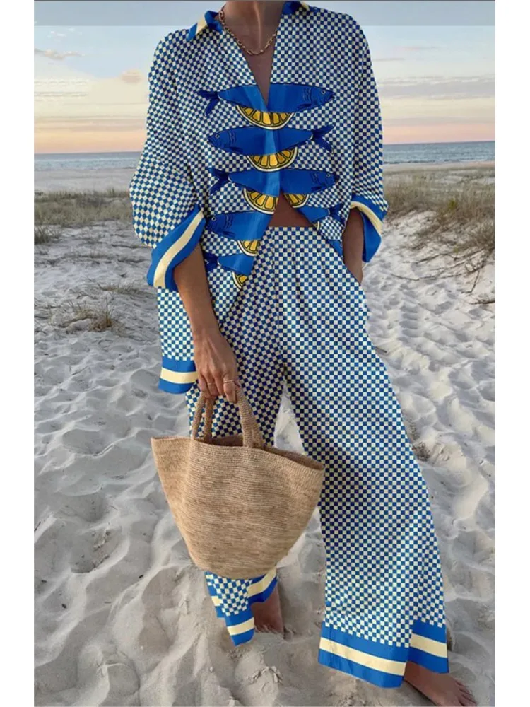 Summer Fashion New Vacation Style Cruise Print 2-Piece Set Lapel Shirt + Wide-Leg Pants Women Casual Cruise Outfit Beach Holiday
