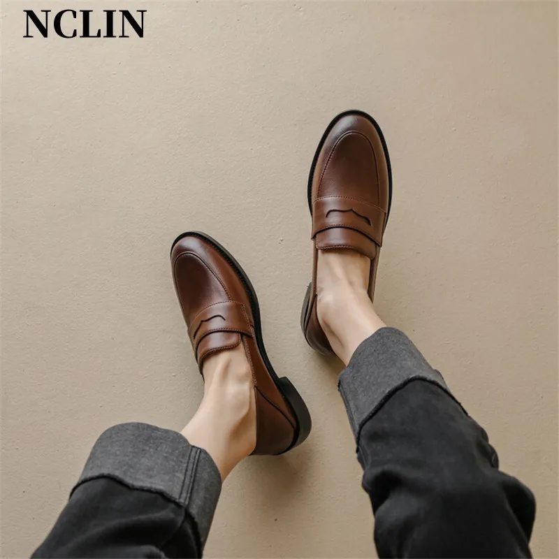 New Spring Split Leather Women Shoes Casual Slip-On French Retro Loafers Round Toe Women Pumps Shoes Woman Chunky Heel Shoes