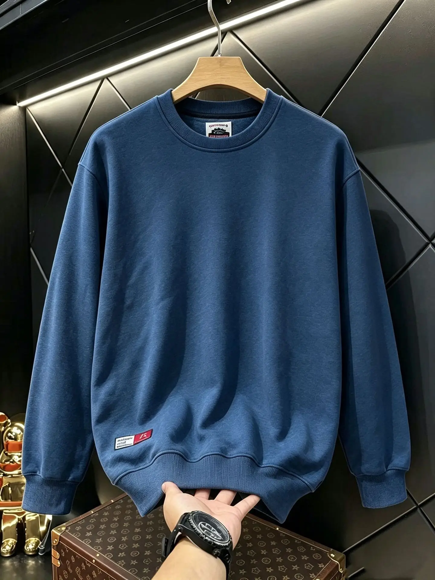 Heavyweight men's autumn and winter solid color terry cotton men's clothing crew neck long sleeve loose casual sweatshirt