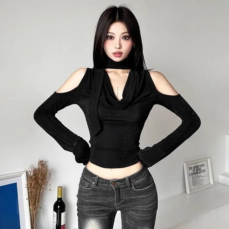 Sexy Off Shoulder Hollow Out Tops Mujer Y2k V-neck Slim Fit T-shirt for Women 2024 Summer New All-match Black Tee Shirt