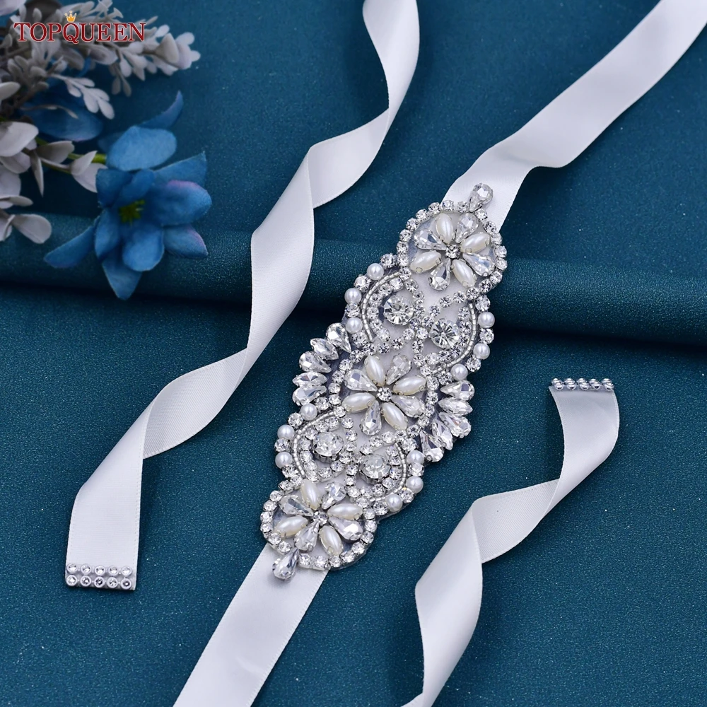 TOPQUEEN Rhinestone Bridal Waist Belt Crystal Rhinestones Wedding Belt Luxury Ribbon Trim Applique Wedding Dress Gown Decor S76