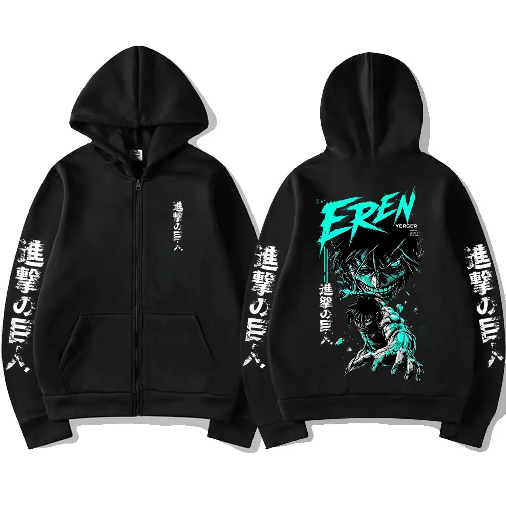Japanese Anime Attack on Titan Mikasa Ackerman Eren Jaeger Merch Zipper Hoodie Men Women Manga Cosplay Oversized Zip Up Jacket