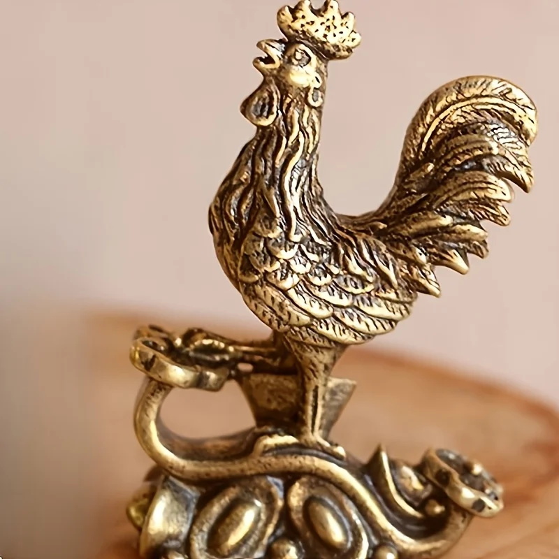 1/3 Vintage Feng Shui Brass Rooster Statues - Pure Copper Zodiac Series with Intricate Details and Gorgeous Base