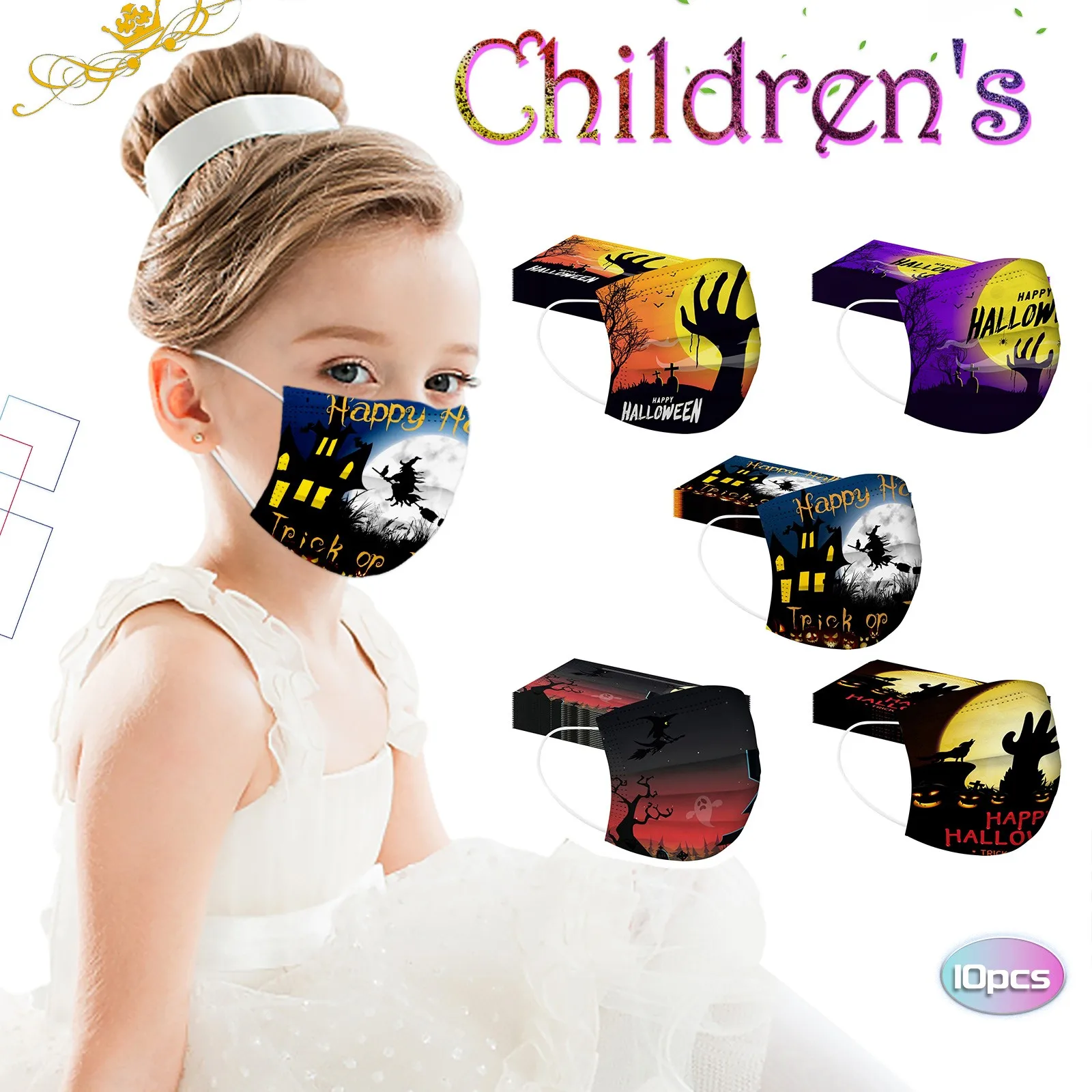 10 pezzi cartoni animati per bambini maschera di Halloween maschera usa e getta maschera per l'orecchio stampata bocchino maschera usa e getta amichevole