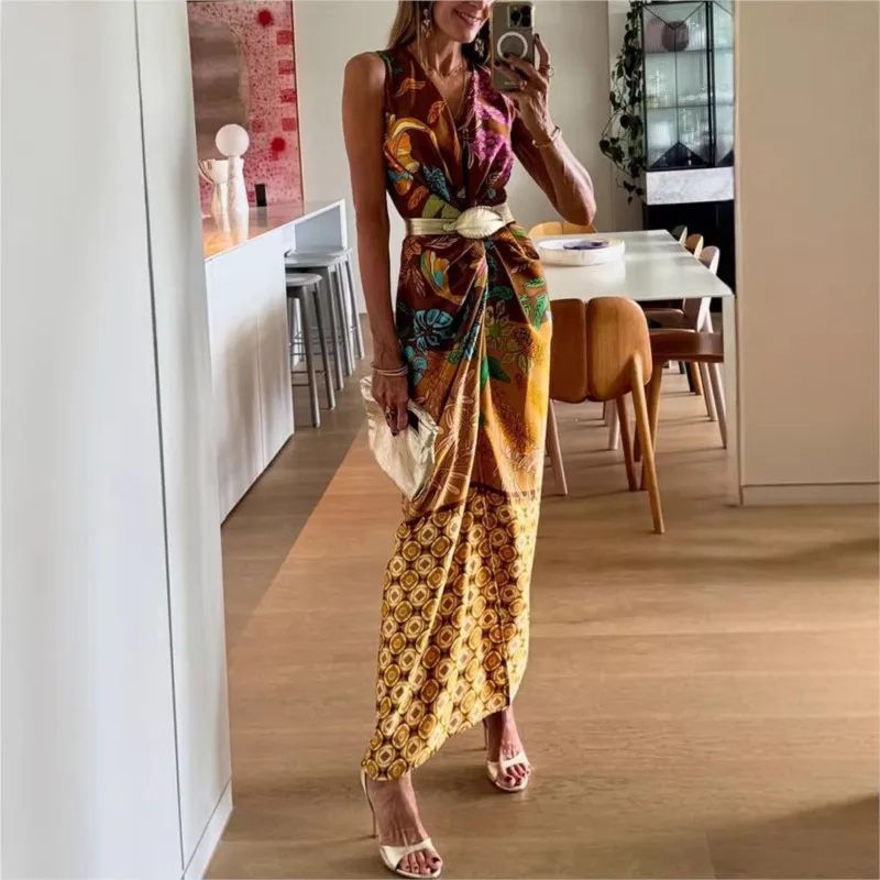 

Fashion Chic Print Maxi Dresses 2026 Summer Women Sleeveless Deep V Neck Draped Ruffled Ladies Dress for Beach Vacation Holiday