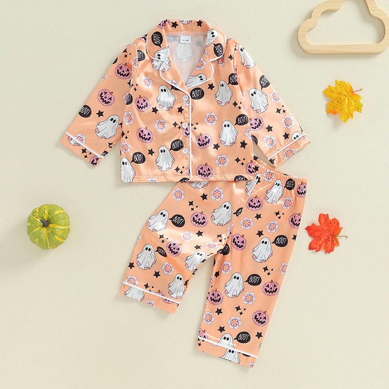 VISgogo Toddler Girls Halloween Pajama Sets Long Sleeve Lapel Ghost Pumpkin Print Shirt Elastic Waist Pants Satin Sleepwear