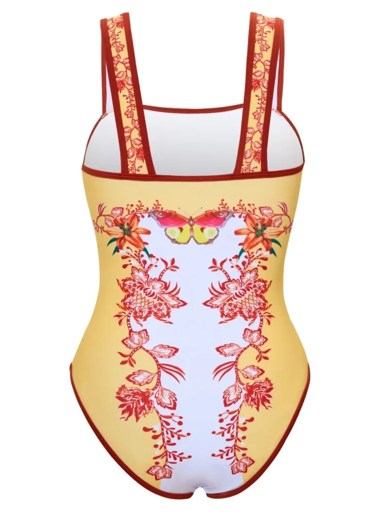 Retro Bikini Printed Fashion One Piece Swimsuit And Cover Up With Skirt Tight Women's Bandage Summer Beach Luxury Elegant