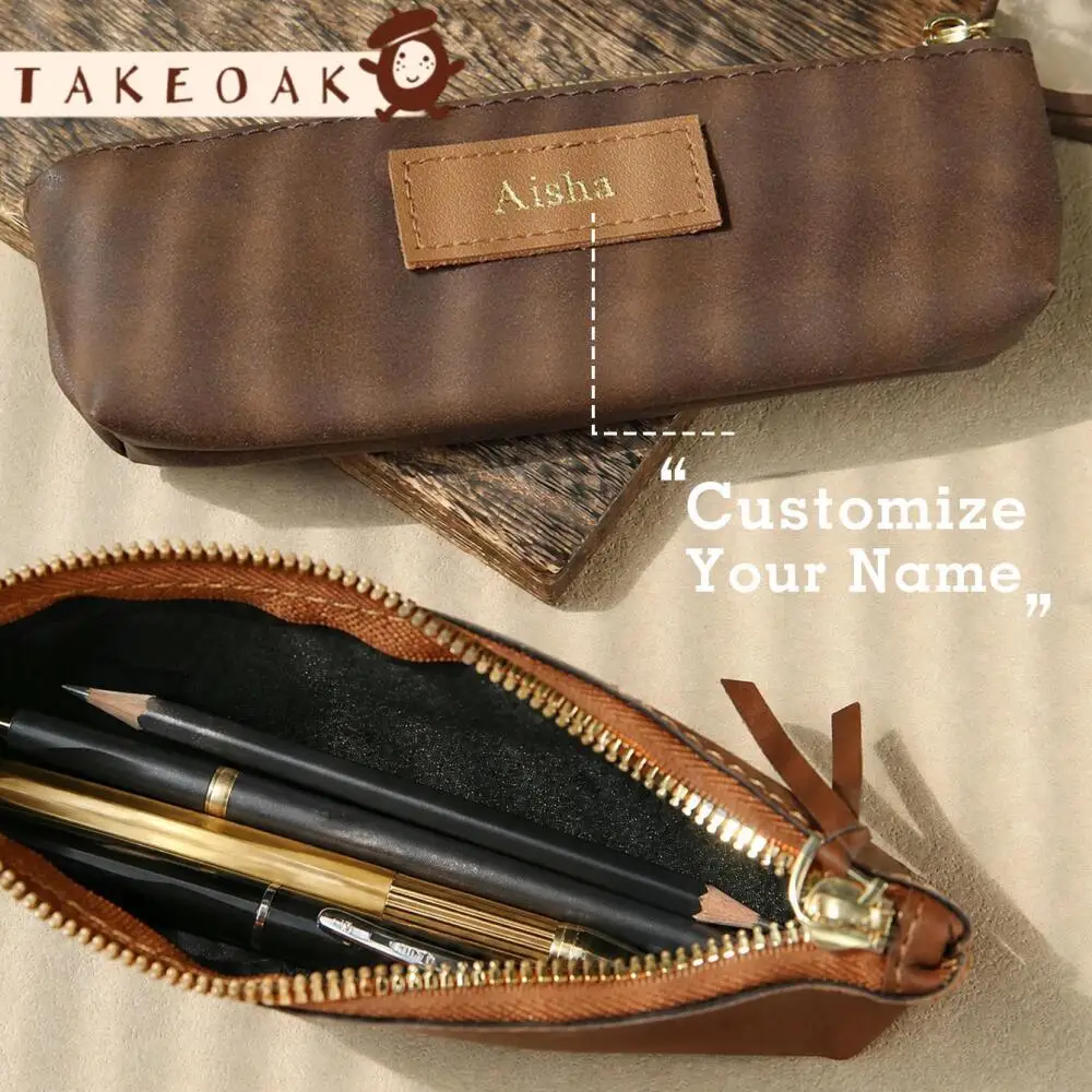 Custom Gold Embossed Leather Tag Vintage Crazy Horse Pu Pencil Case Zipper Stationery Pen Pouch Portable Travel Makeup Brush Bag