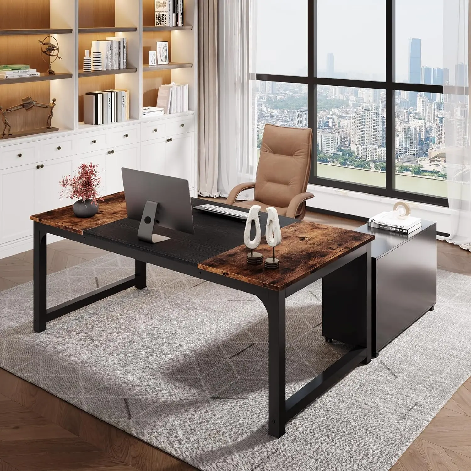 L-Shaped Desk with File Cabinet, Mobile Drawer Desk, Home Office Workstation, 63