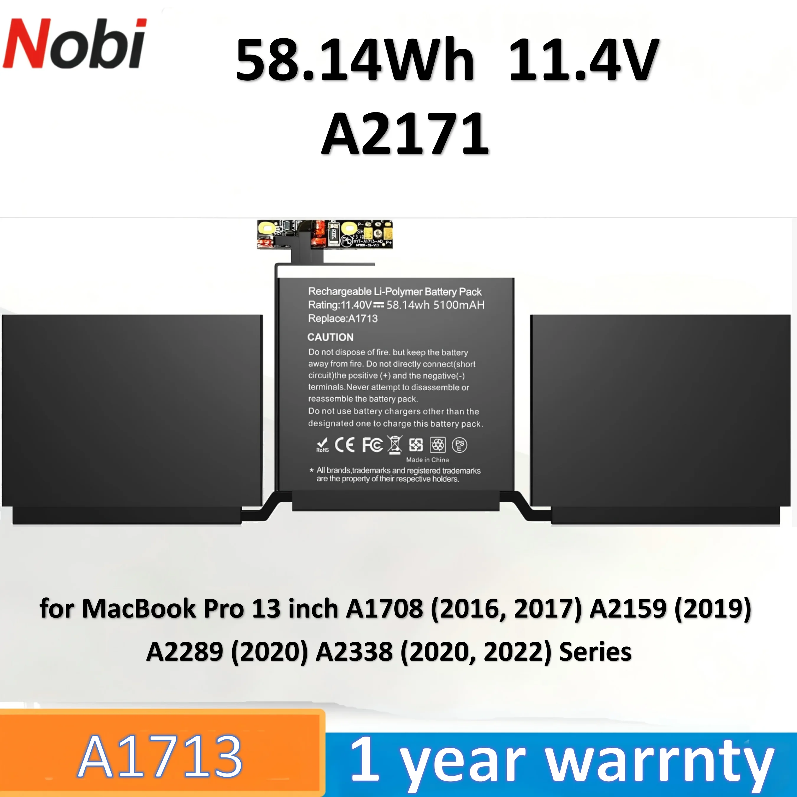 

Nobi A2171 A1713 A1708(2016,2017) A2159(2019) A2289(2020) A2338(2020,2022) battery for MacBook Pro 13 for EMC 2978/3164/3301