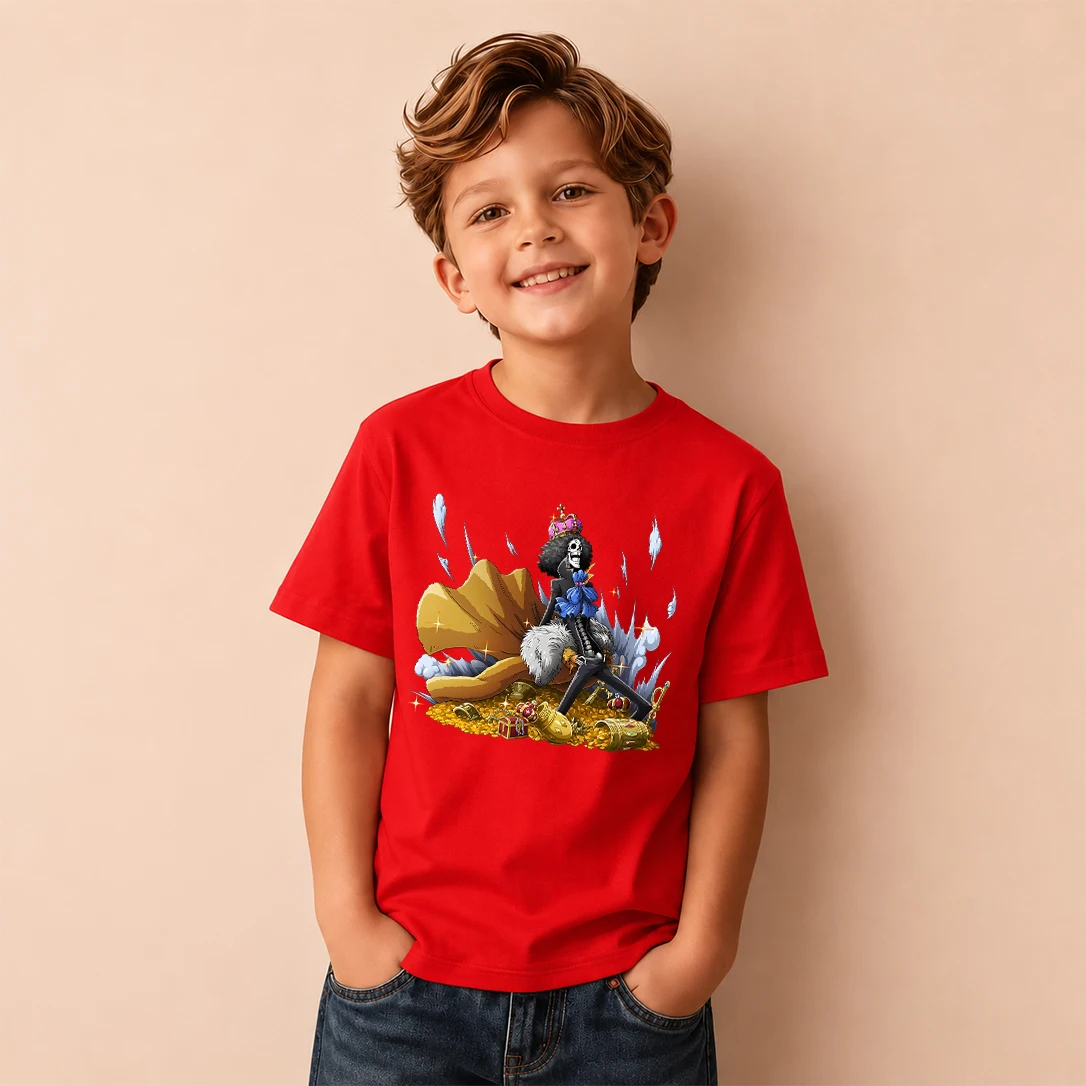 Kids T‑Shirt One Piece Brook Treasure Scene Print Short Sleeve Casual Tops Boys Girls Anime Children Daily Wear Tees