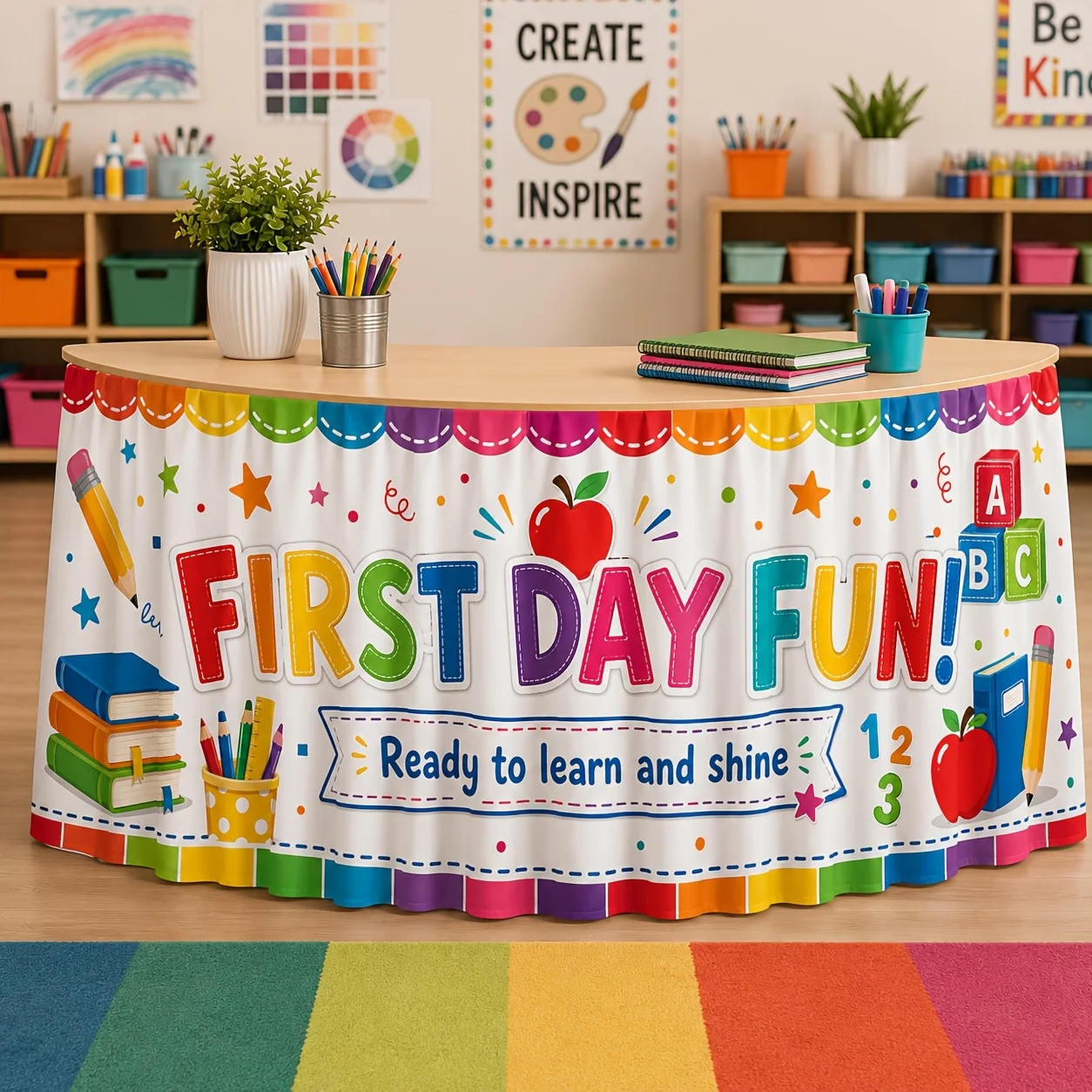 Colorful books, pencils, apples, ABC blocks, educational toys, decorative patterns, classroom supplies, party items