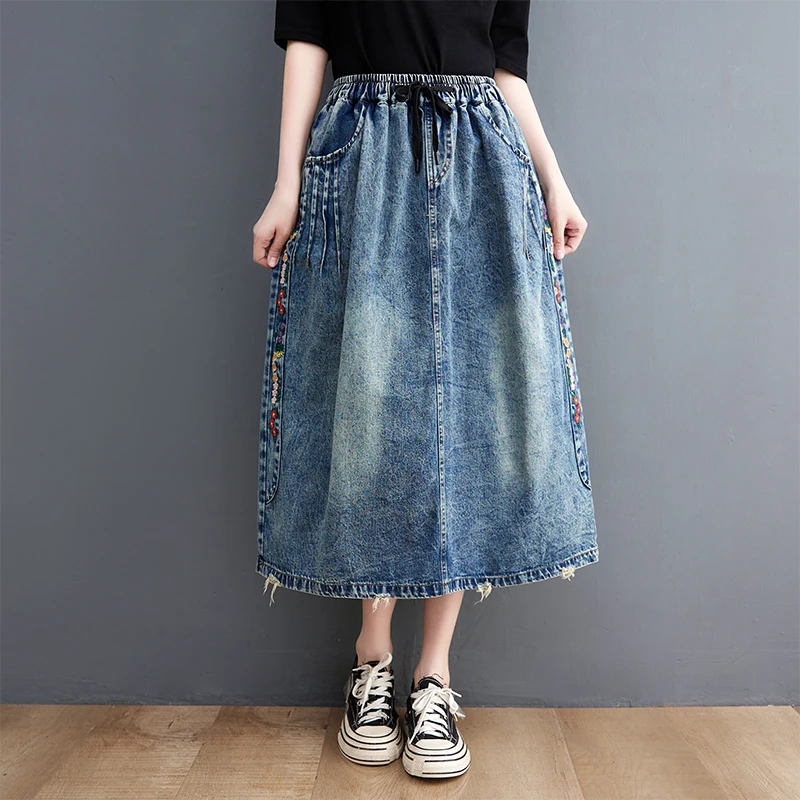 

Vintage Embroidery Floral Denim Skirts Women Casual Loose Elastic High Waist A-Line Jeans Midi Skirt Lace-up Jupe Longue Femme