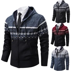 Autumn Winter Men's Casual Hooded Coat Jacquard Weave Stand Collar Jacket Sweater Fashion Fleece Warm Zipper Cardigan