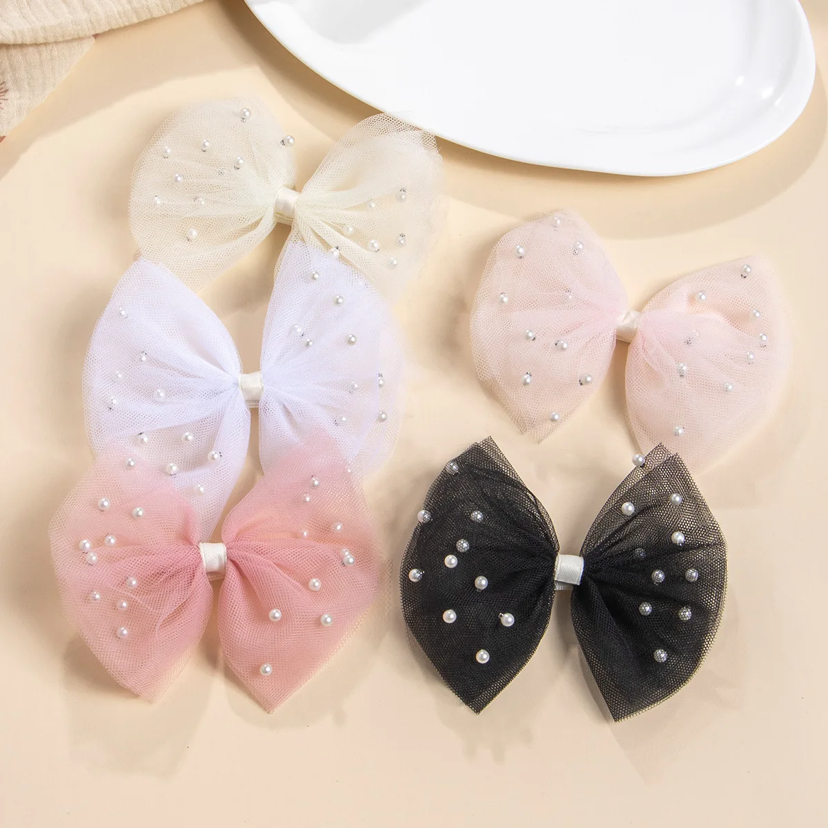 

30 PCS/Lot, 4.92“ Beaded Mesh Bow Hair Clips For Baby Girls Hair Accessories