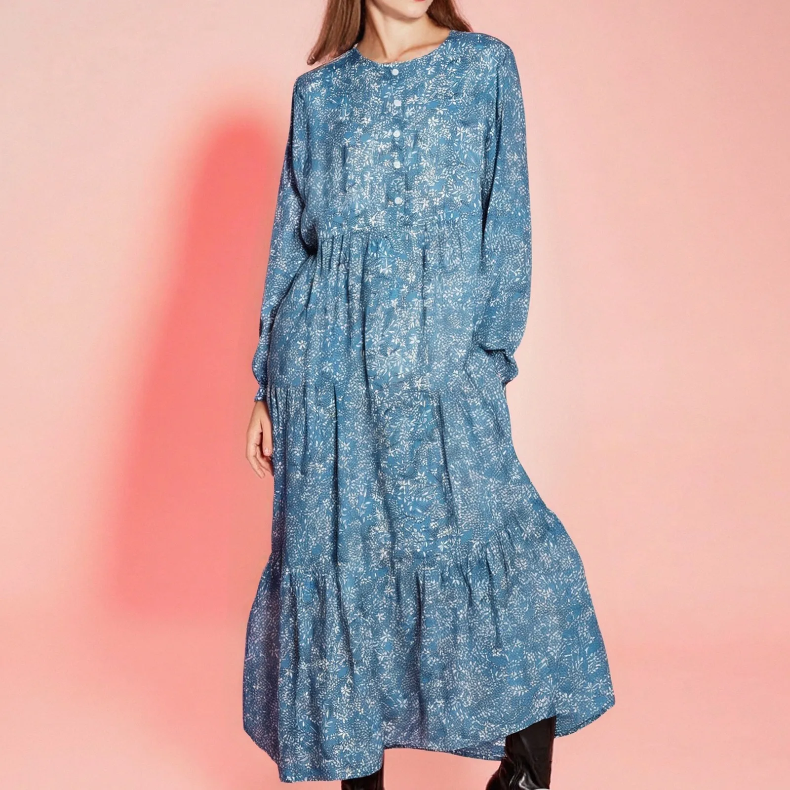 Women'S Floral Muslim Dresses Fashion Casual Button Round Neck Long Sleeve Maxi Dresses Loose Big Swing Muslim Hijab Clothes