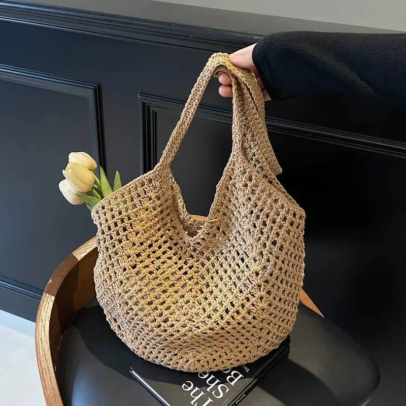 New Casual Beach Bag Woven Hollow Out Single Shoulder Tote Lightweight Breathable Beach Tote for Women Men Travel Accessories