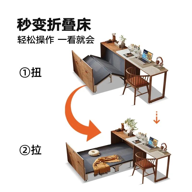 Folding bed Solid wood Lunch break Retractable single  Small apartment study desk integrated  Multifunctional invisible