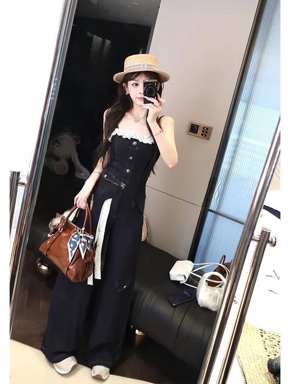 

Mimius Summer Slimming Ruffle Splicing Strap Top Long Pants Two-Piece Set Women's Fashionable Denim Ensemble