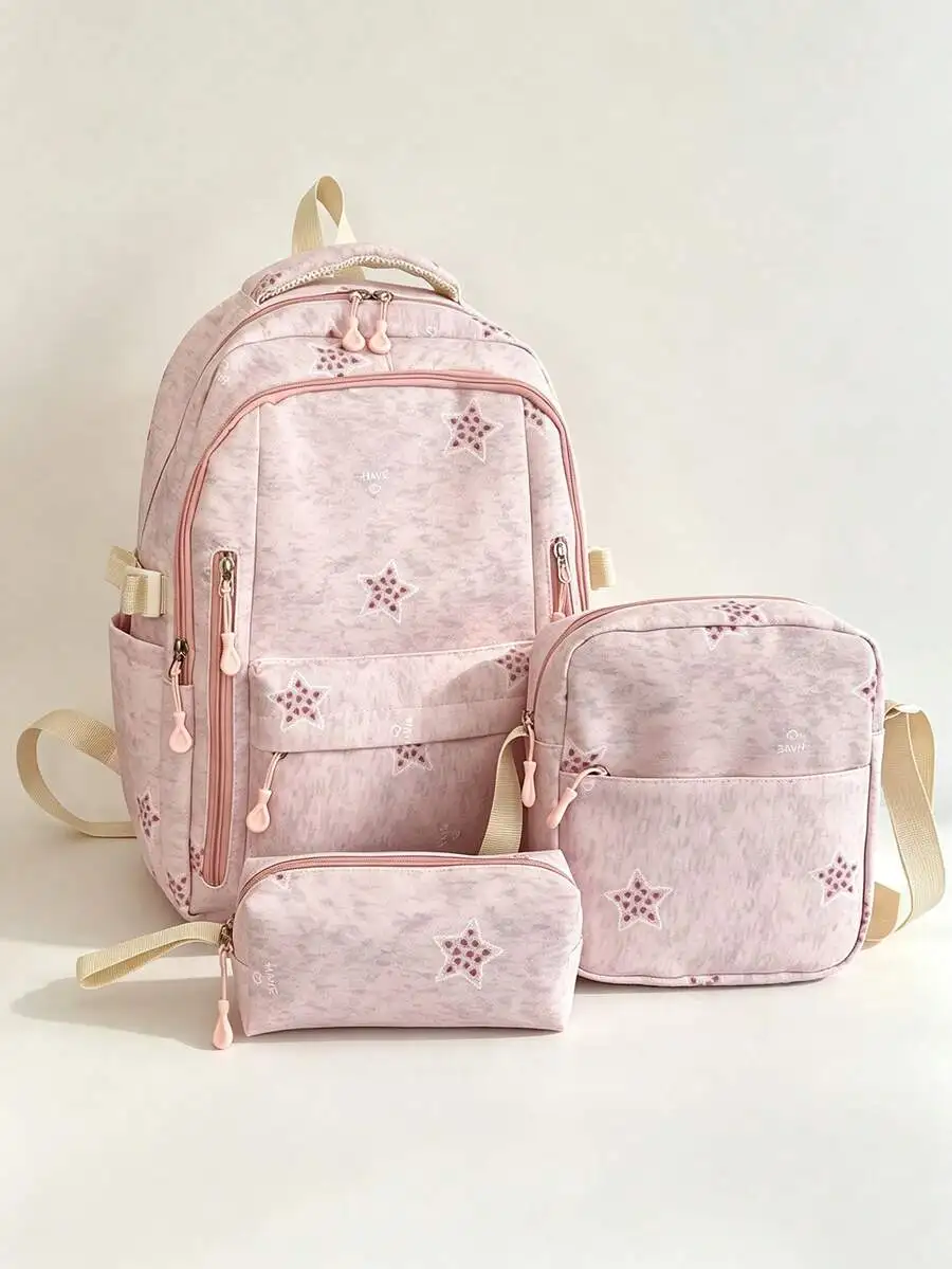 3pcs Pink Nylon Casual Minimalist Star All-Over Print Comfortable Shoulder Strap Zipper Closure Multi-Pocket Large Capacity Fold