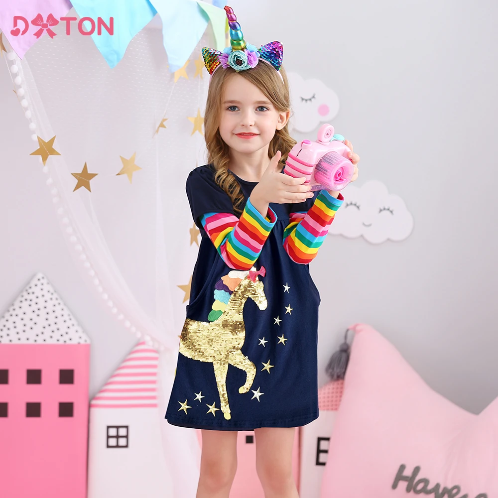 DXTON Girls Long Sleeve Dress Kids Unicorn Sequined Dresses Girls Cotton Casual Dress Kids Rainbow Striped Dresses with Pockets