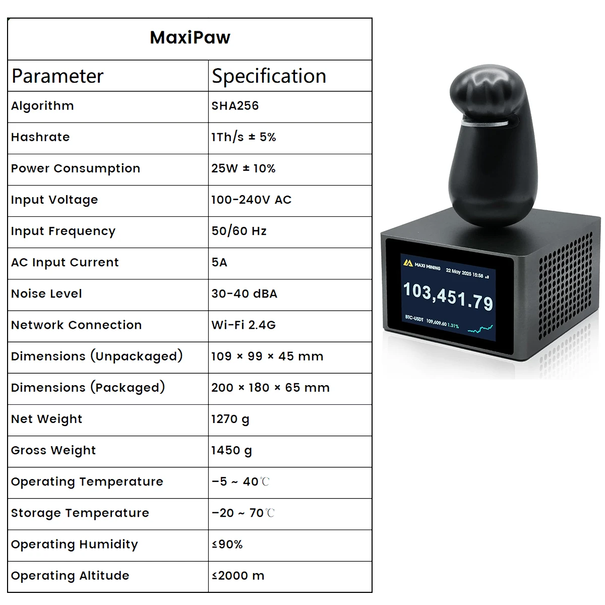 새로운 Maxi Paw 비트코인 ​​광부 1TH/s 25W 솔로 복권 광부 SHA-256 WiFi 연결 암호화 BTC 광부 Asic 칩 가정용 기계