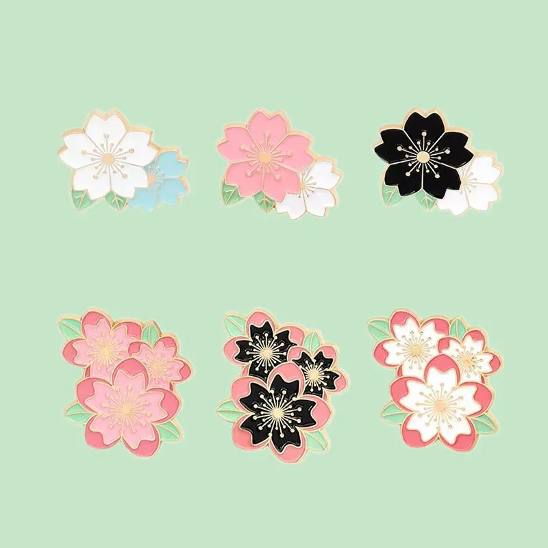 Broches personalizados flor de cereja, rosa, branco, preto Sakura flores esmalte Pin, emblemas de plantas dos desenhos animados, lapela jóias presentes, saco, atacado