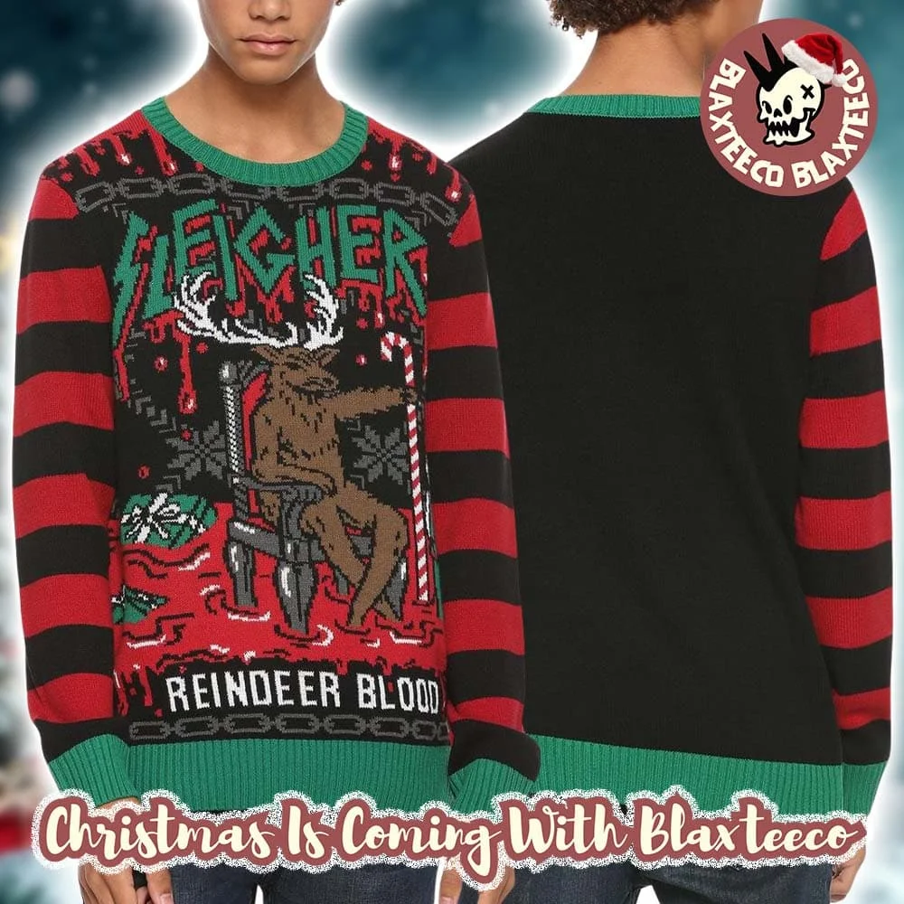 New Slayer Reign in Blood Christmas Ugly Sweater 3D  Long Sleeve Pullover Thrash Metal  Fan Holiday Streetwear Family Matching