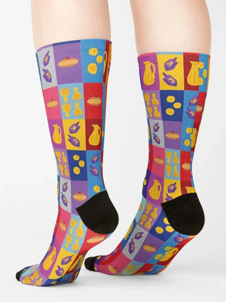 Chanukah Smorgasbord - Warm Pop Art Grid Socks kawaii floor Stockings man Socks For Girls Men's