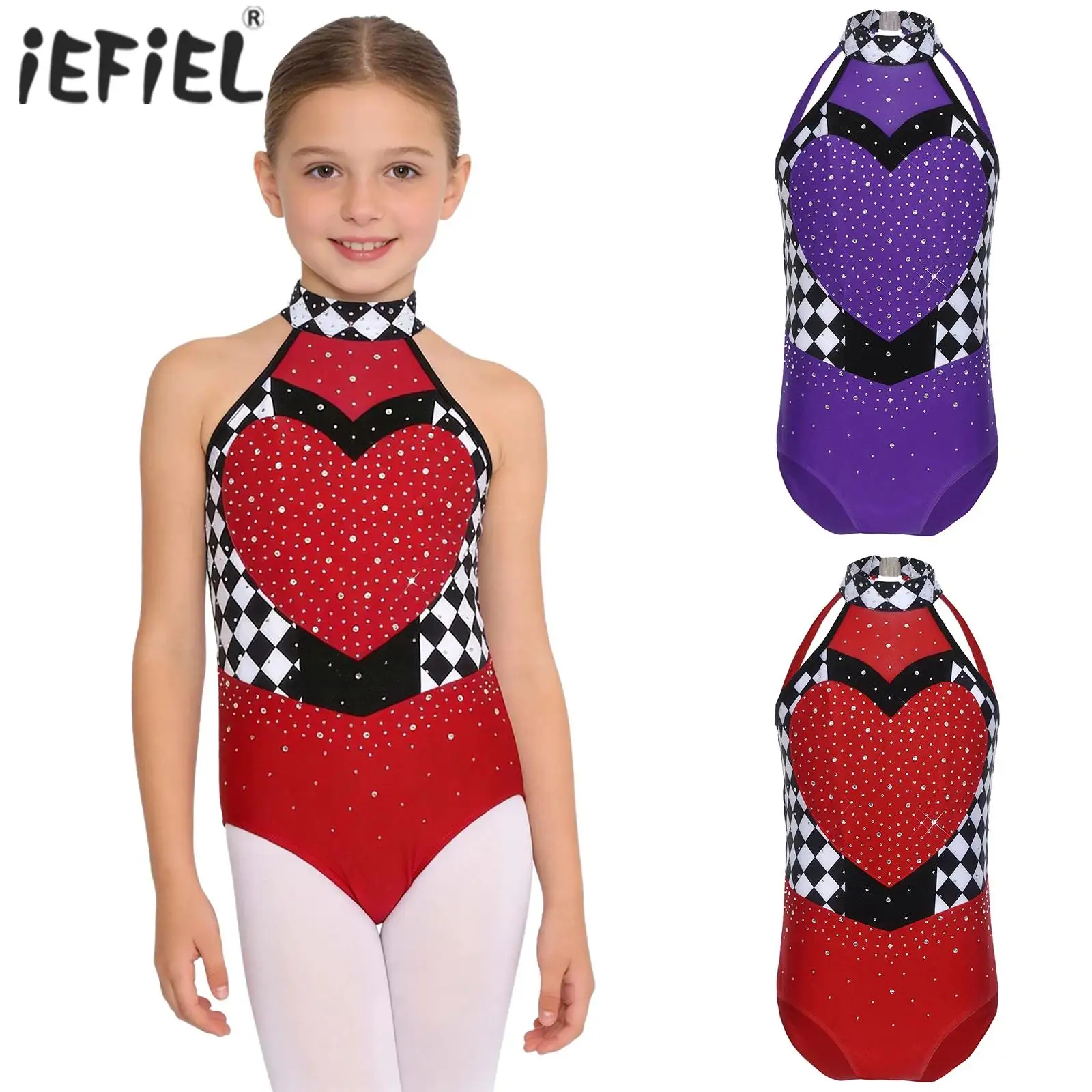 

Платье королевы с сердечками для девочек, комбинезон для косплея, тематический костюм для вечеринки, блестящие стразы, Холтер, гимнастический балетный трикотаж, танцевальное боди